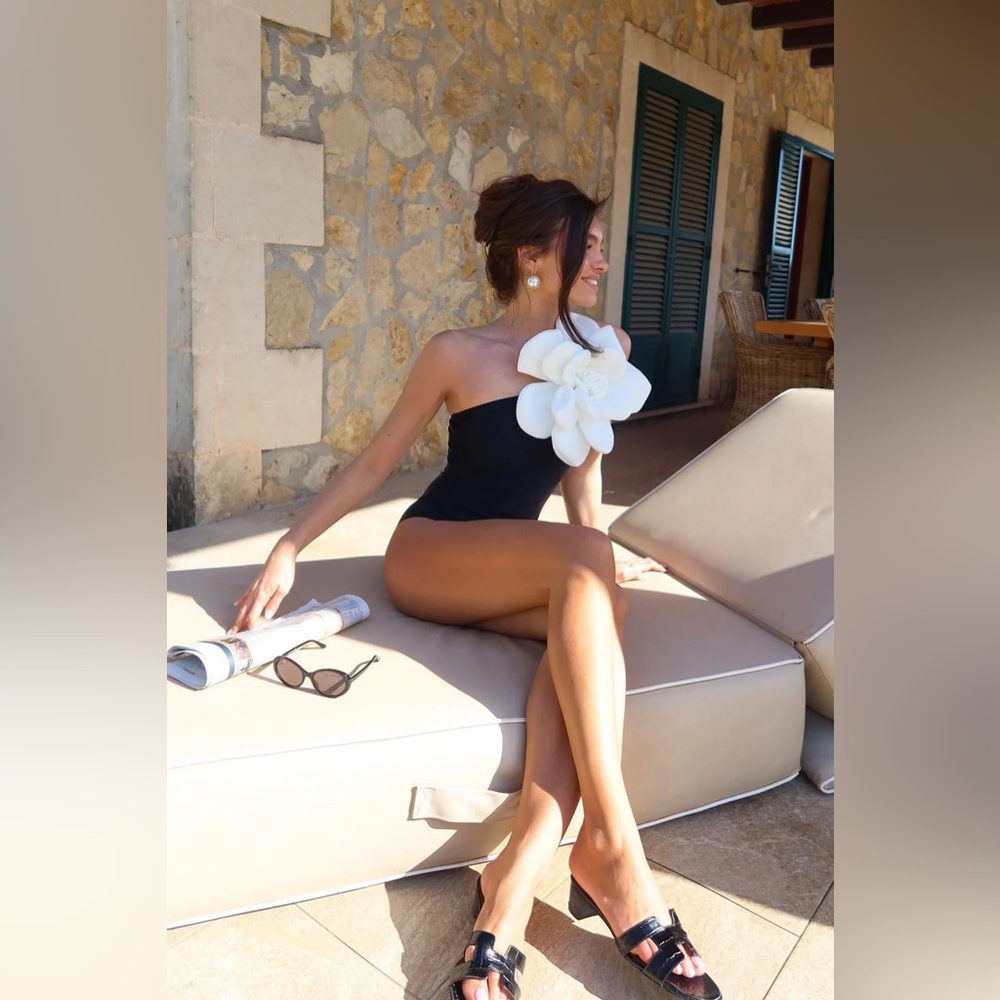fashion nova Black One-Shoulder Swimsuit with White Flower